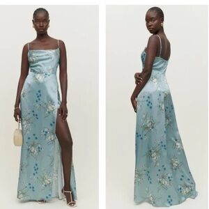 Reformation “Devora” Cowl Neck Silk Dress in Blue Floral